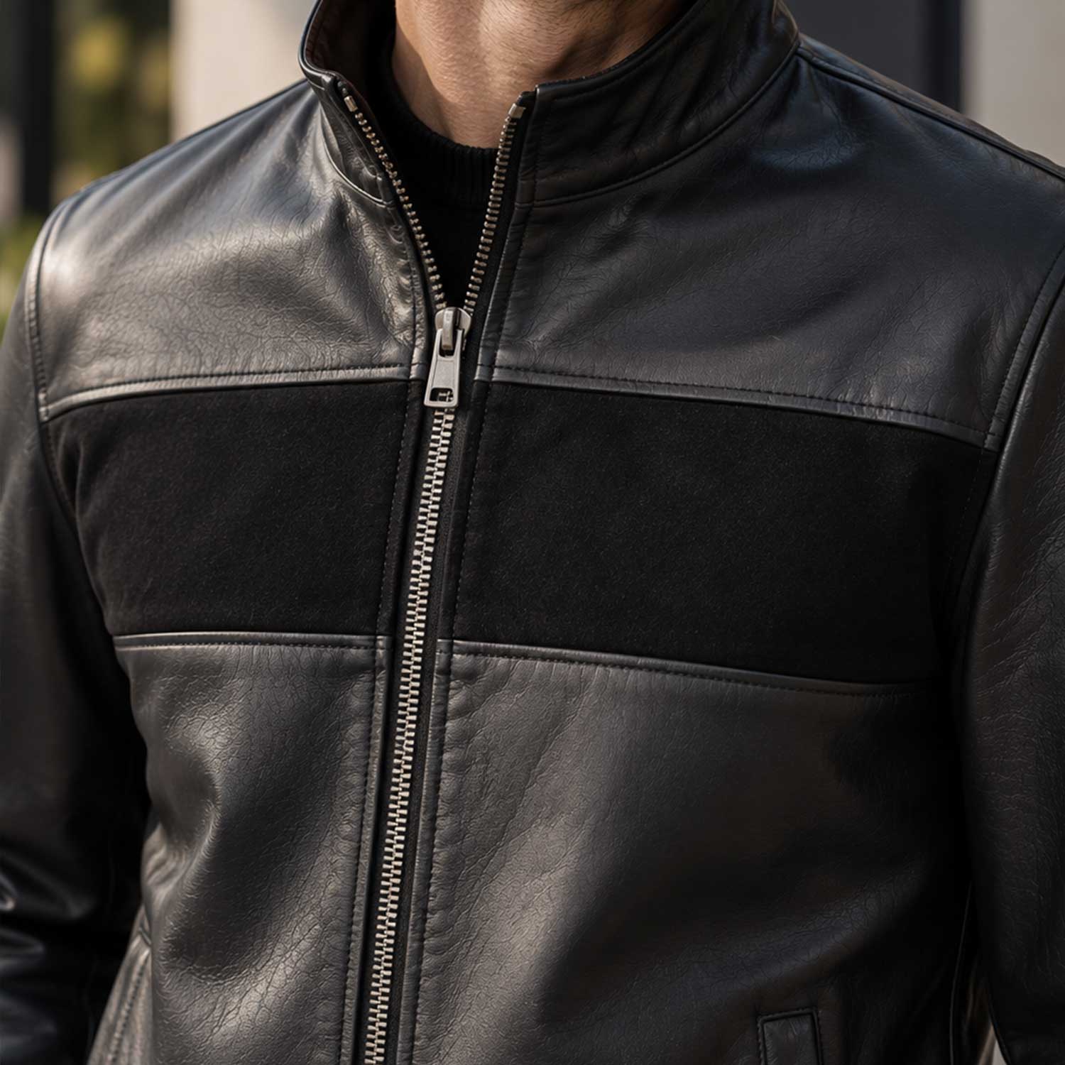 mens leather jacket
sheepskin jacket
black leather
mens sheepskin
stand collar
suede panel
mens black jacket
zip leather jacket