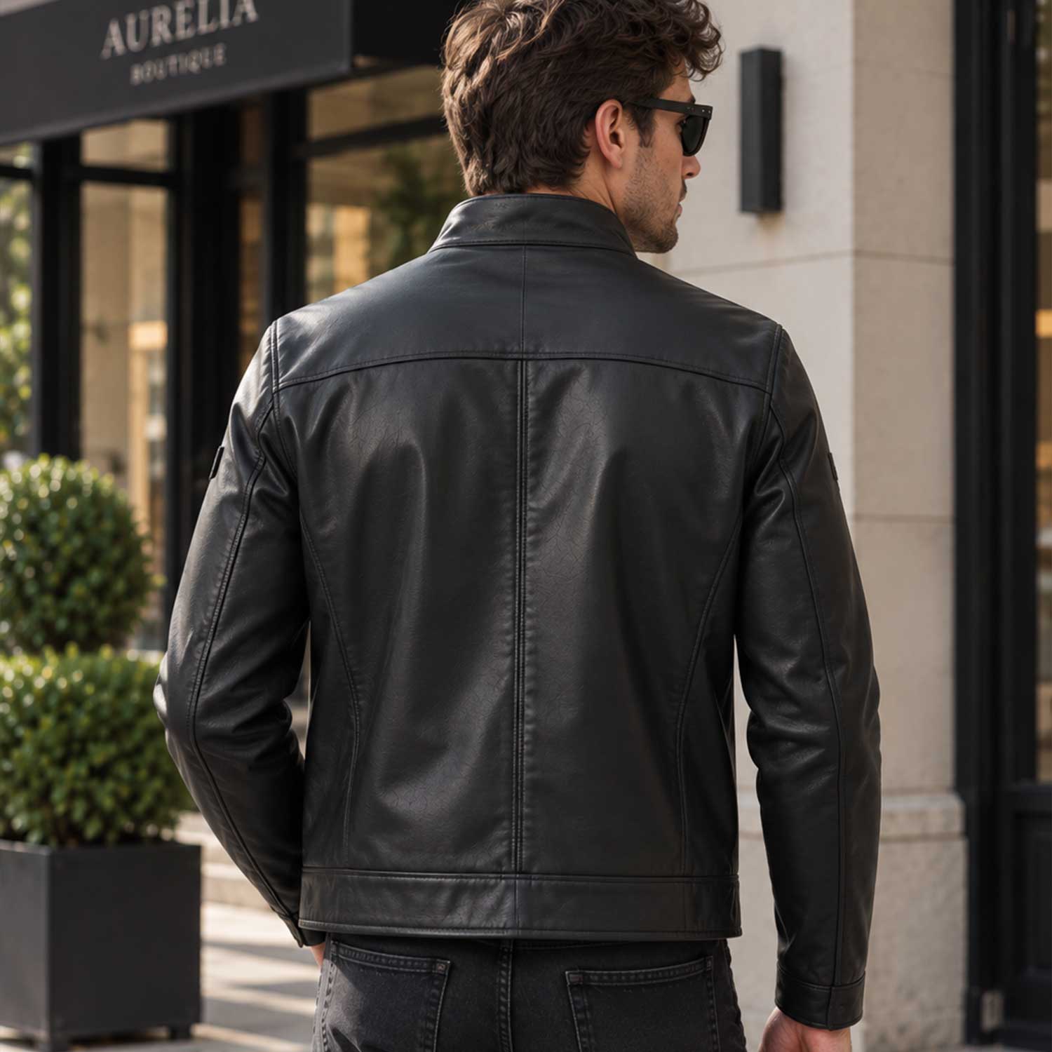 mens leather jacket
sheepskin jacket
black leather
mens sheepskin
stand collar
suede panel
mens black jacket
zip leather jacket