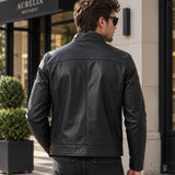 mens leather jacket
sheepskin jacket
black leather
mens sheepskin
stand collar
suede panel
mens black jacket
zip leather jacket