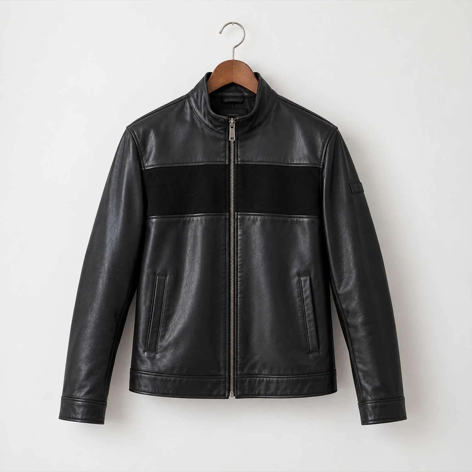 mens leather jacket
sheepskin jacket
black leather
mens sheepskin
stand collar
suede panel
mens black jacket
zip leather jacket