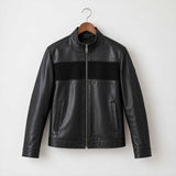mens leather jacket
sheepskin jacket
black leather
mens sheepskin
stand collar
suede panel
mens black jacket
zip leather jacket