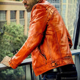 Orange Leather Jacket Men’s Cafe Racer Jacket – Genuine Full-Grain Leather