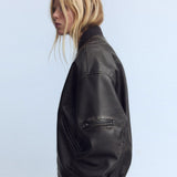 LuxeLoom Oversized Women's Distressed Leather Bomber Jacket 