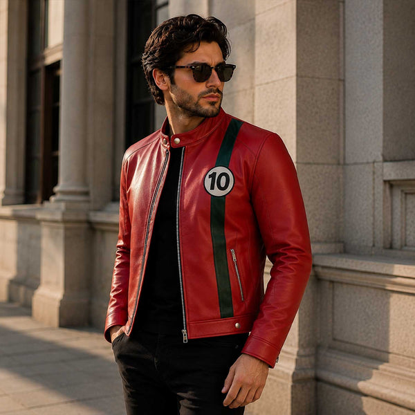 Men's Red Sheep Leather Racing Jacket | Cafe Racer Biker Moto Style