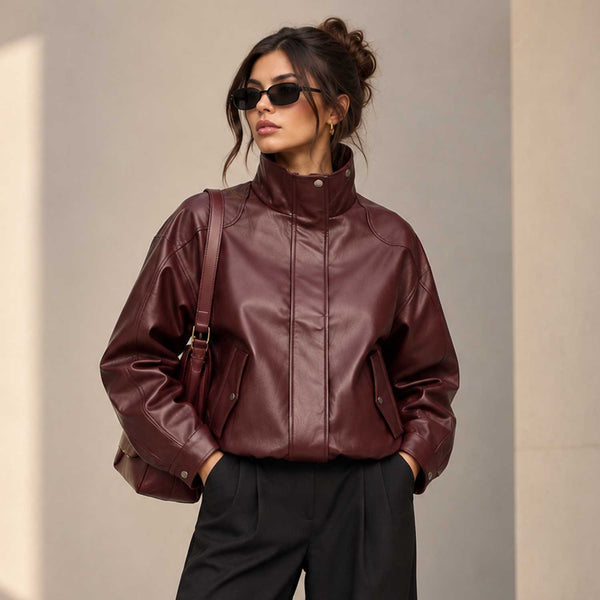 leather jacket
womens leather
oversized jacket
genuine leather
mock neck jacket
high neck jacket