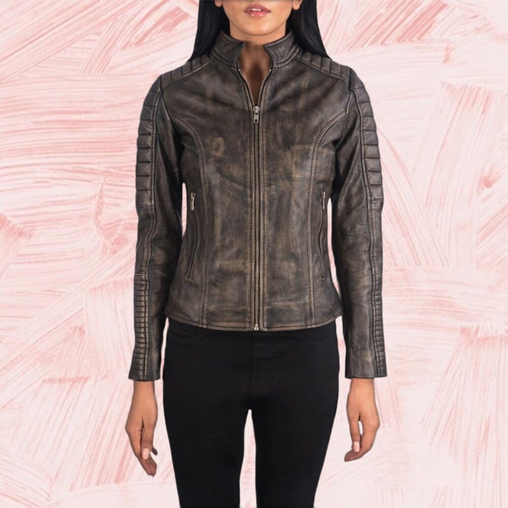 Adalyn Quilted Distressed Brown Leather Biker Jacket