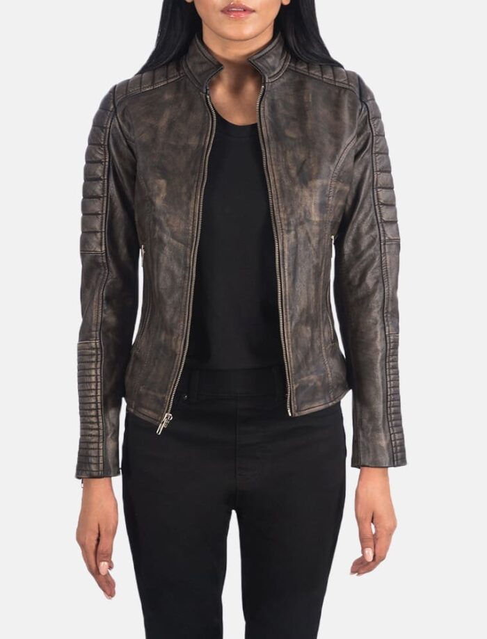 Adalyn Quilted Distressed Brown Leather Biker Jacket