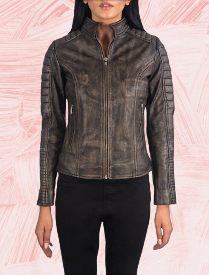 Adalyn Quilted Distressed Brown Leather Biker Jacket