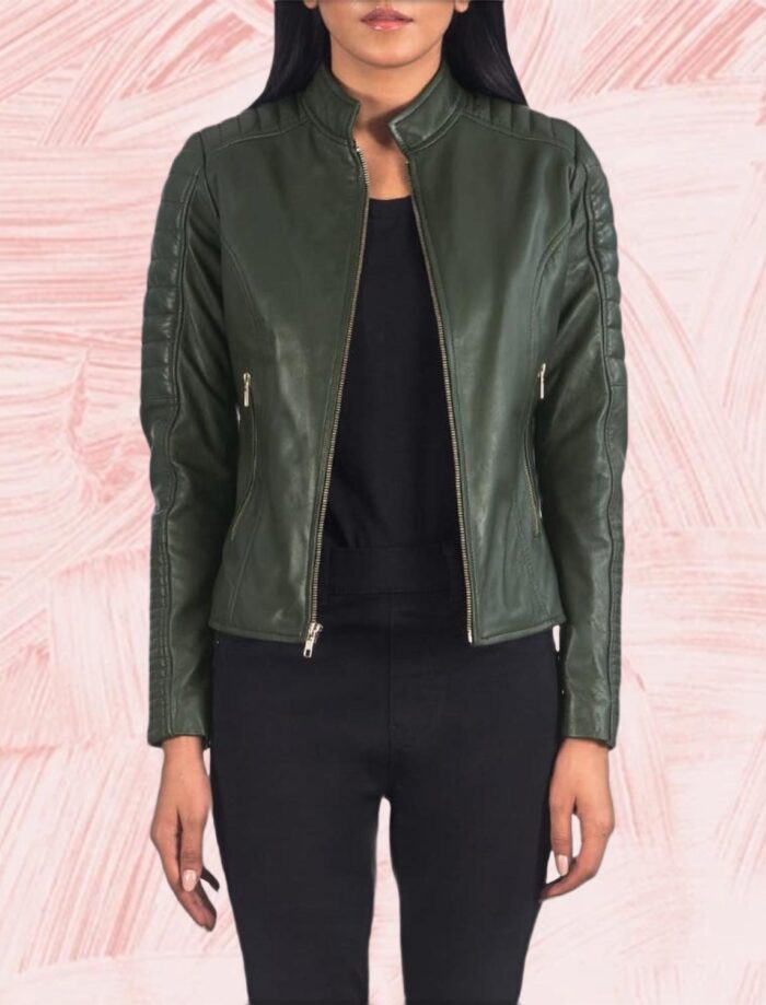 Adalyn Quilted Green Leather Biker Jacket