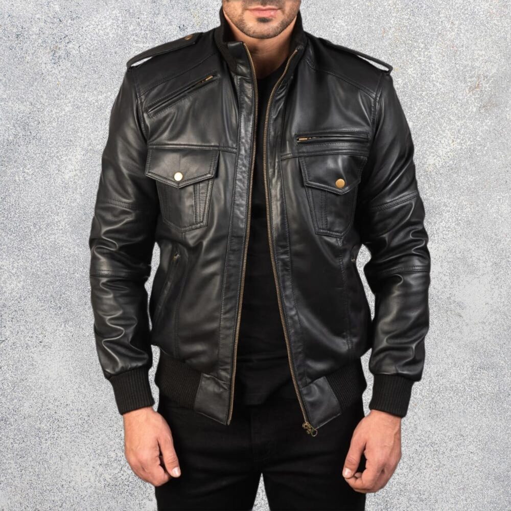 Agent Shadow Black Leather Bomber Jacket
