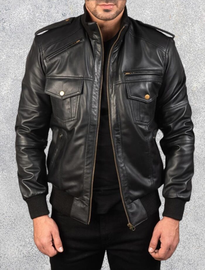 Agent Shadow Black Leather Bomber Jacket