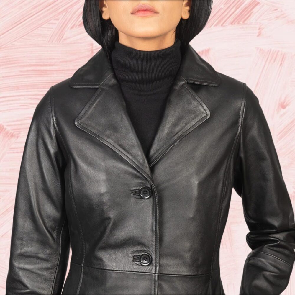 Alexis Black Single Breasted Leather Coat