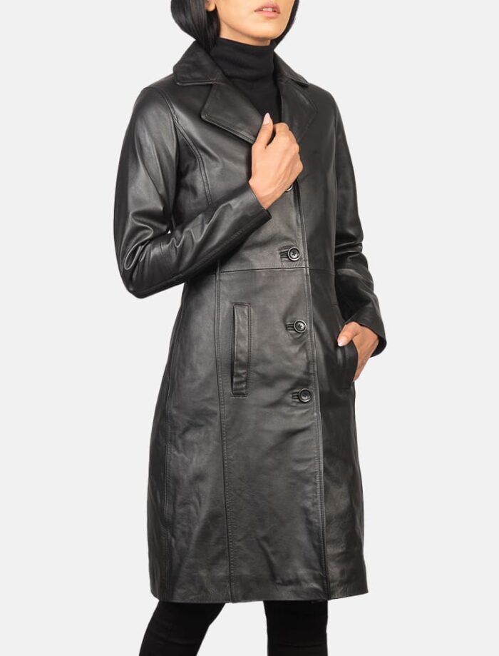 Alexis Black Single Breasted Leather Coat