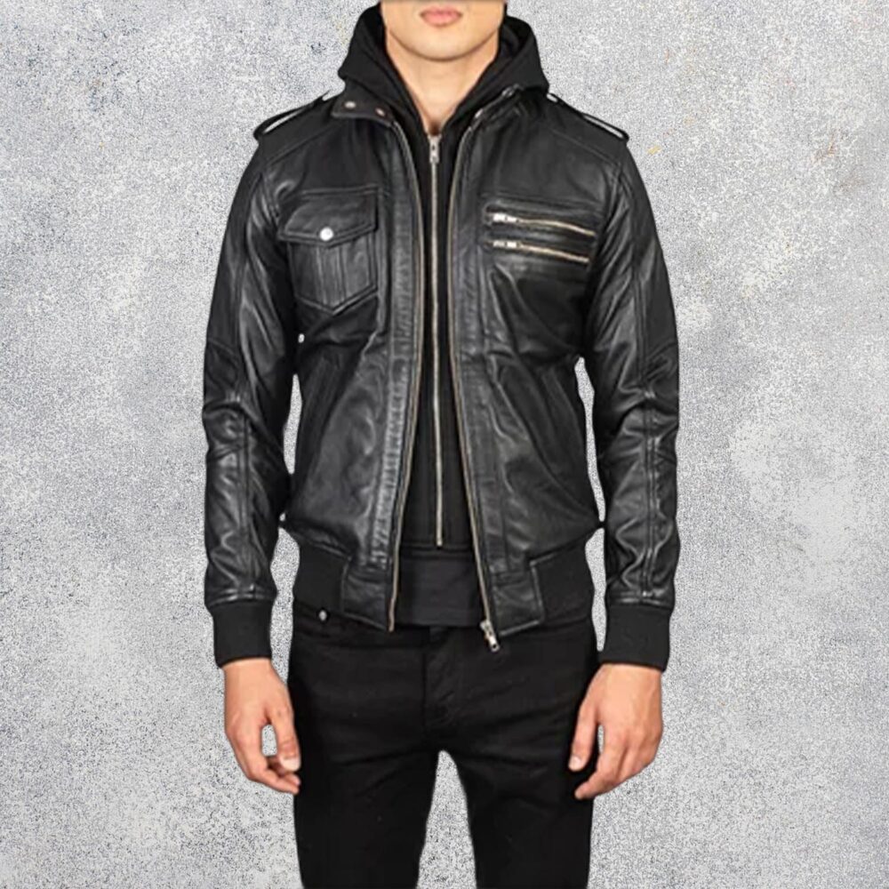 Bravado Black Hooded Leather Bomber Jacket