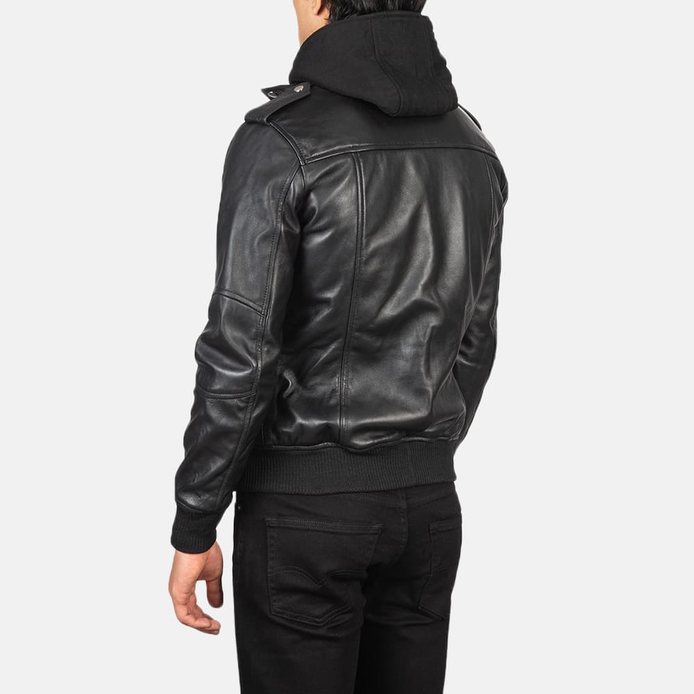 Bravado Black Hooded Leather Bomber Jacket 5