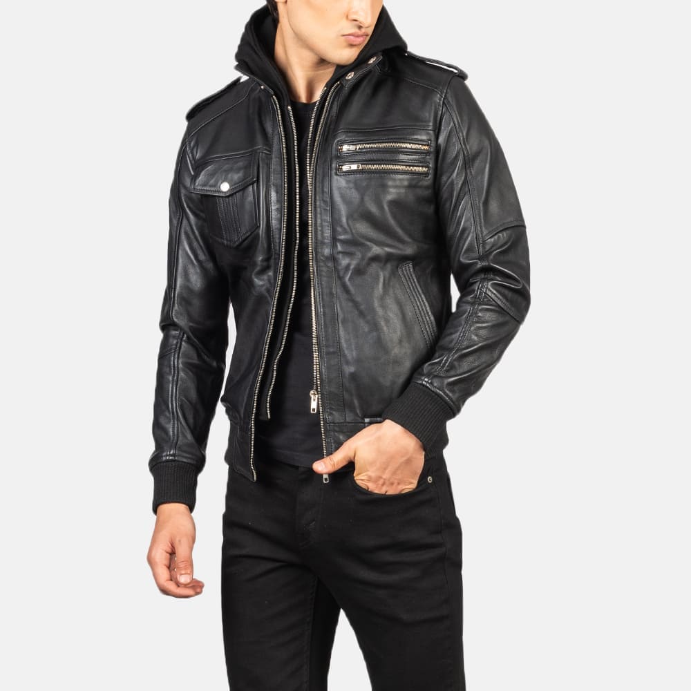 Bravado Black Hooded Leather Bomber Jacket 6