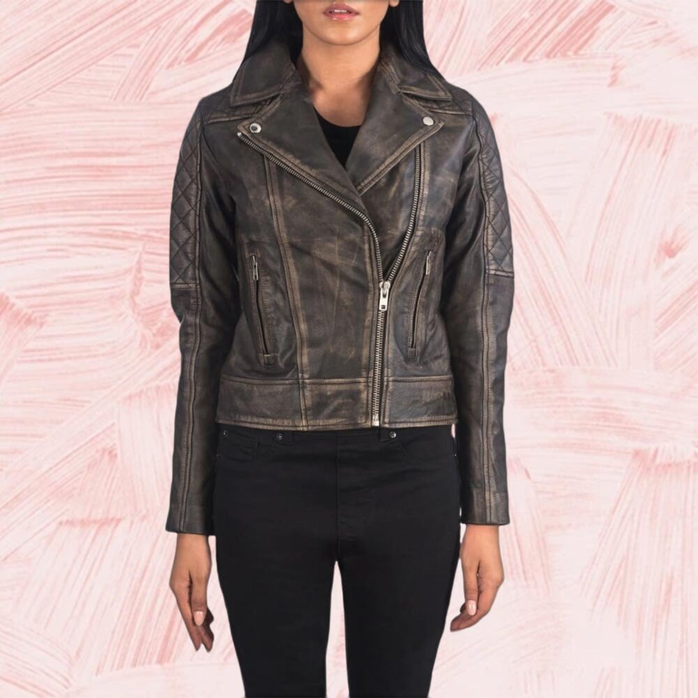 Carolyn Quilted Distressed Brown Biker Jacket