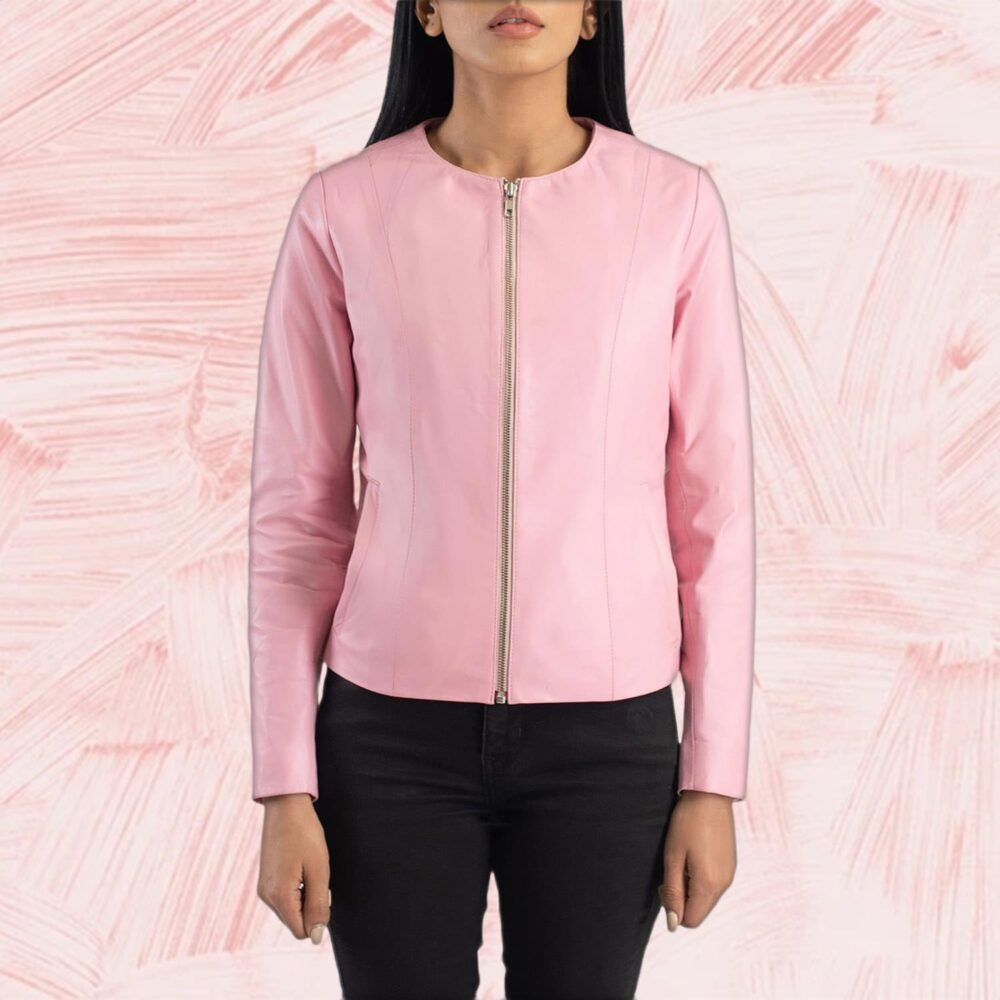Elixir Pink Collarless Leather Jacket