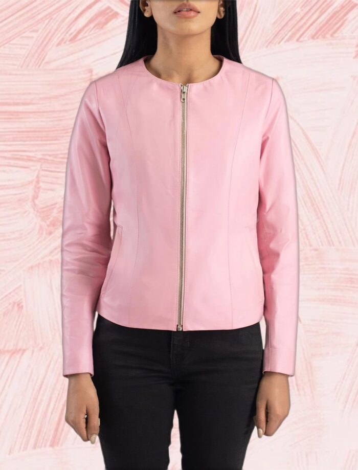 Elixir Pink Collarless Leather Jacket