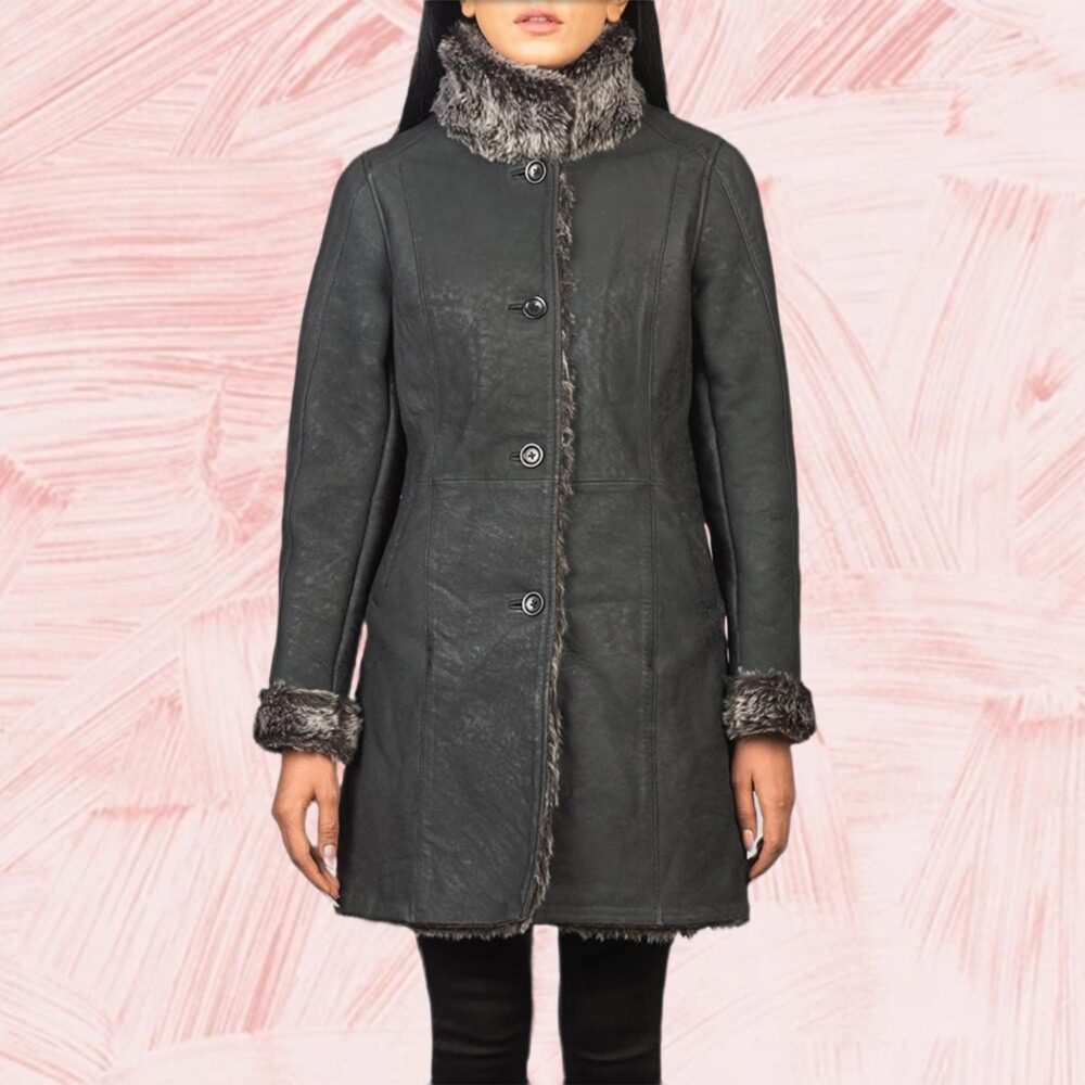 Erica Shearling Black Leather Coat