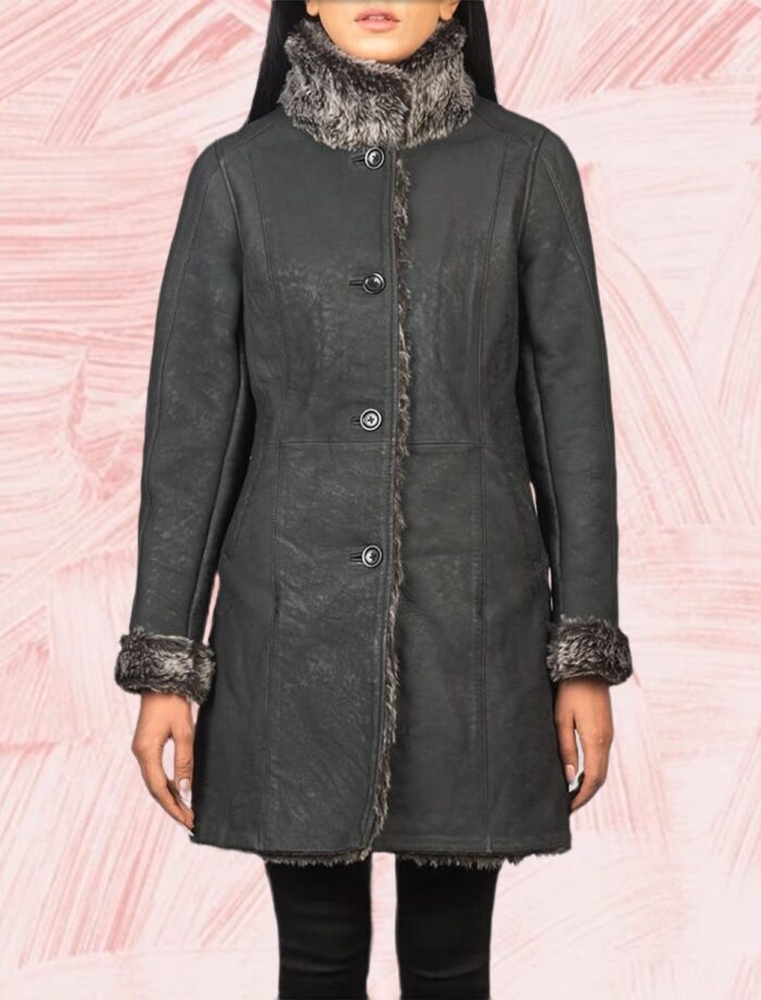 Erica Shearling Black Leather Coat