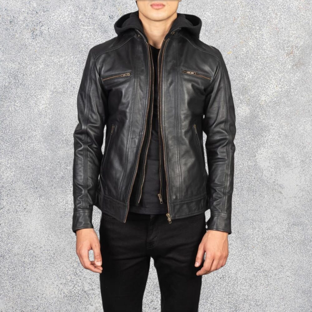 Hector Black Hooded Leather Biker Jacket