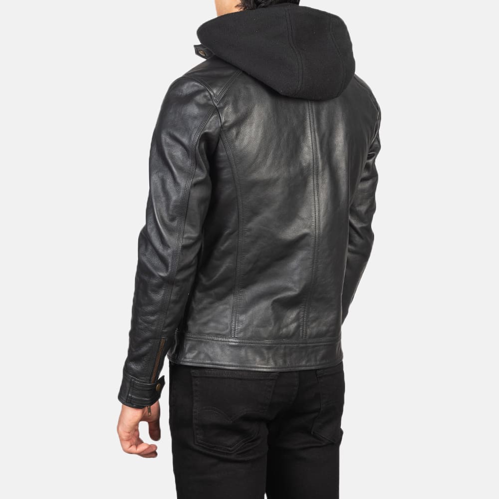 Hector Black Hooded Leather Biker Jacket 5