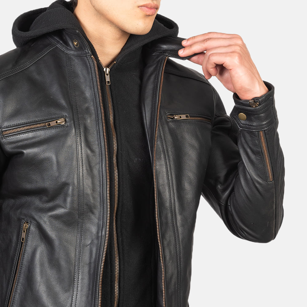 Hector Black Hooded Leather Biker Jacket 6