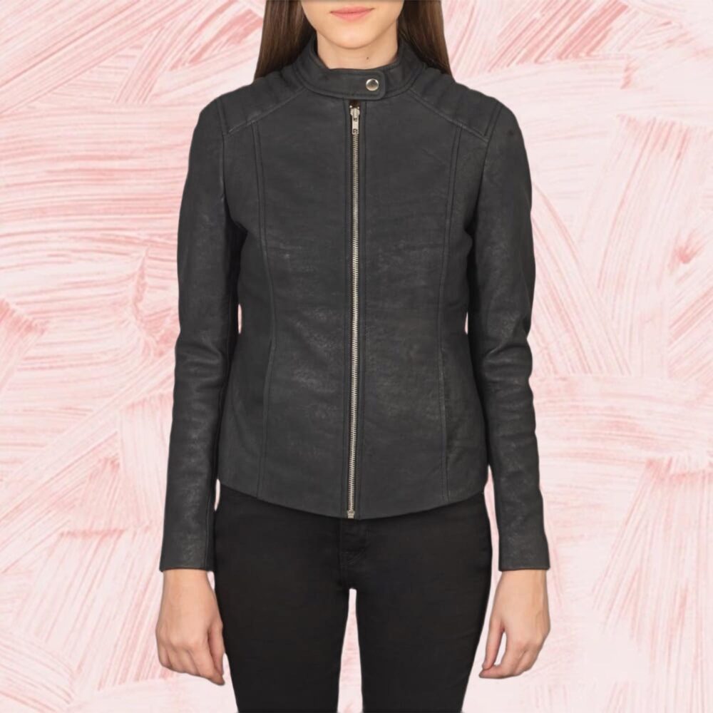 Kelsee Distressed Black Leather Biker Jacket