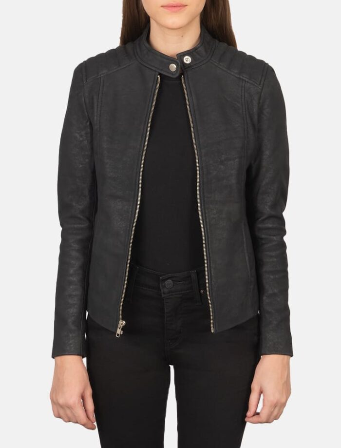 Kelsee Distressed Black Leather Biker Jacket