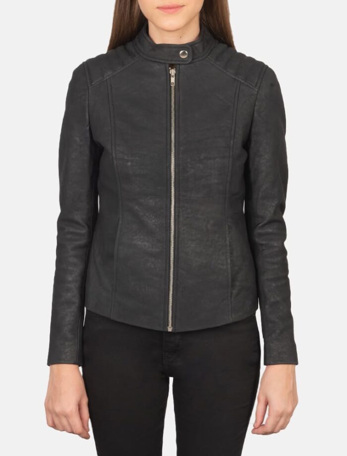 Kelsee Distressed Black Leather Biker Jacket