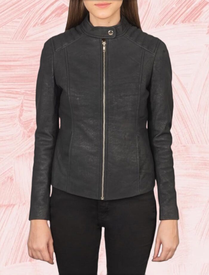 Kelsee Distressed Black Leather Biker Jacket