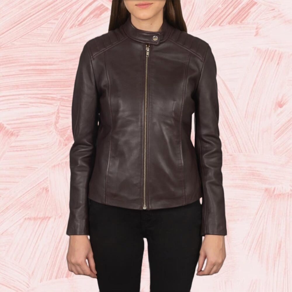 Kelsee Maroon Leather Biker Jacket