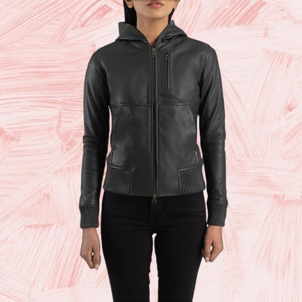 Luna Black Hooded Leather Bomber Jacket
