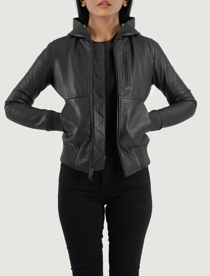 Luna Black Hooded Leather Bomber Jacket