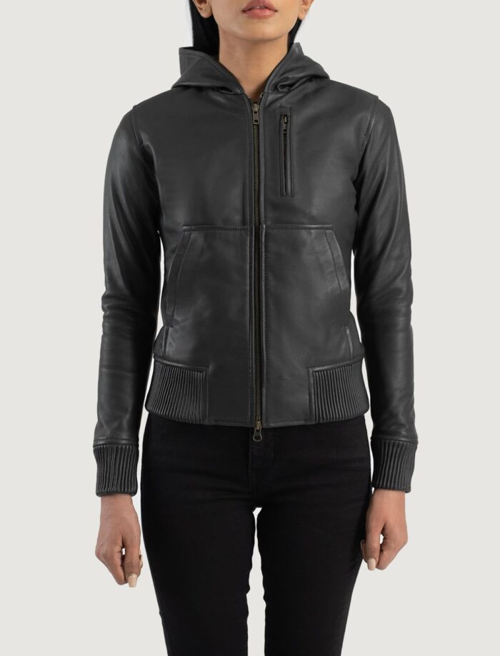 Luna Black Hooded Leather Bomber Jacket