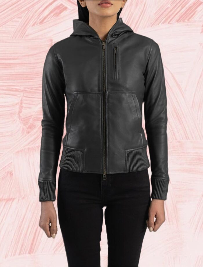Luna Black Hooded Leather Bomber Jacket