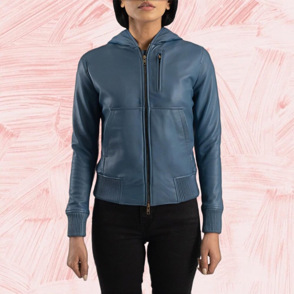 Luna Blue Hooded Leather Bomber Jacket