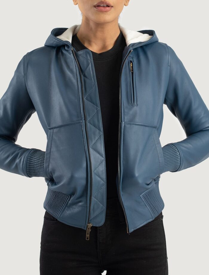 Luna Blue Hooded Leather Bomber Jacket