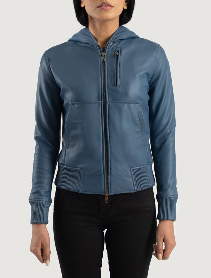 Luna Blue Hooded Leather Bomber Jacket