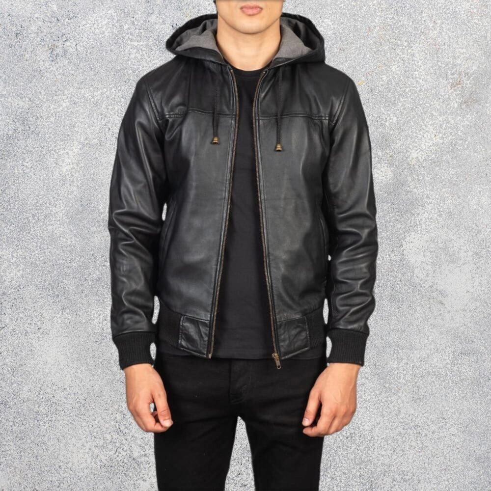 Nintenzo Black Hooded Leather Bomber Jacket