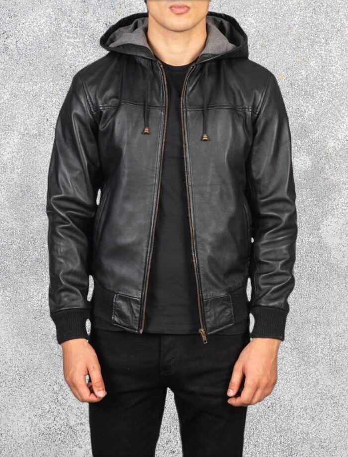 Nintenzo Black Hooded Leather Bomber Jacket