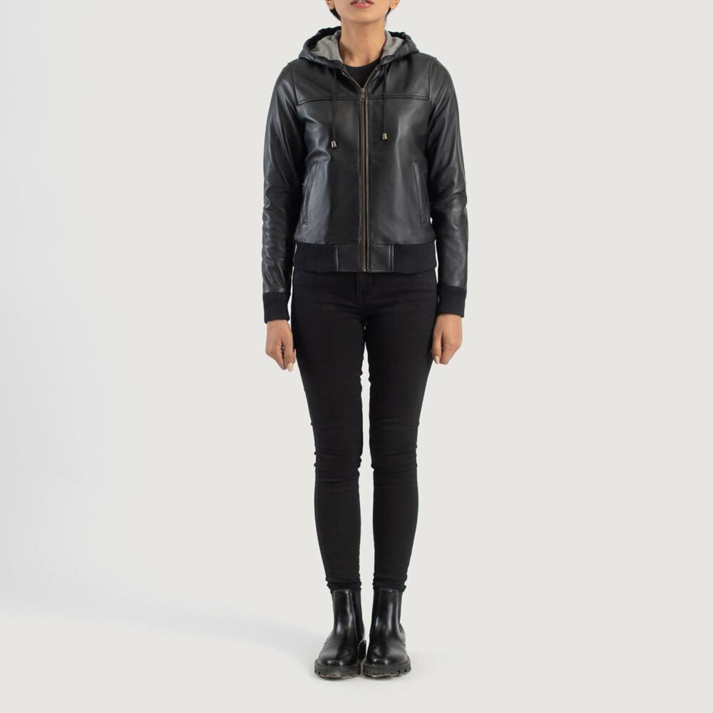 Rebella Black Hooded Leather Bomber Jacket