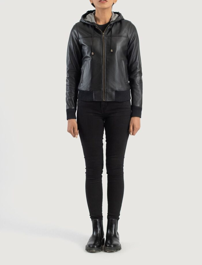 Rebella Black Hooded Leather Bomber Jacket