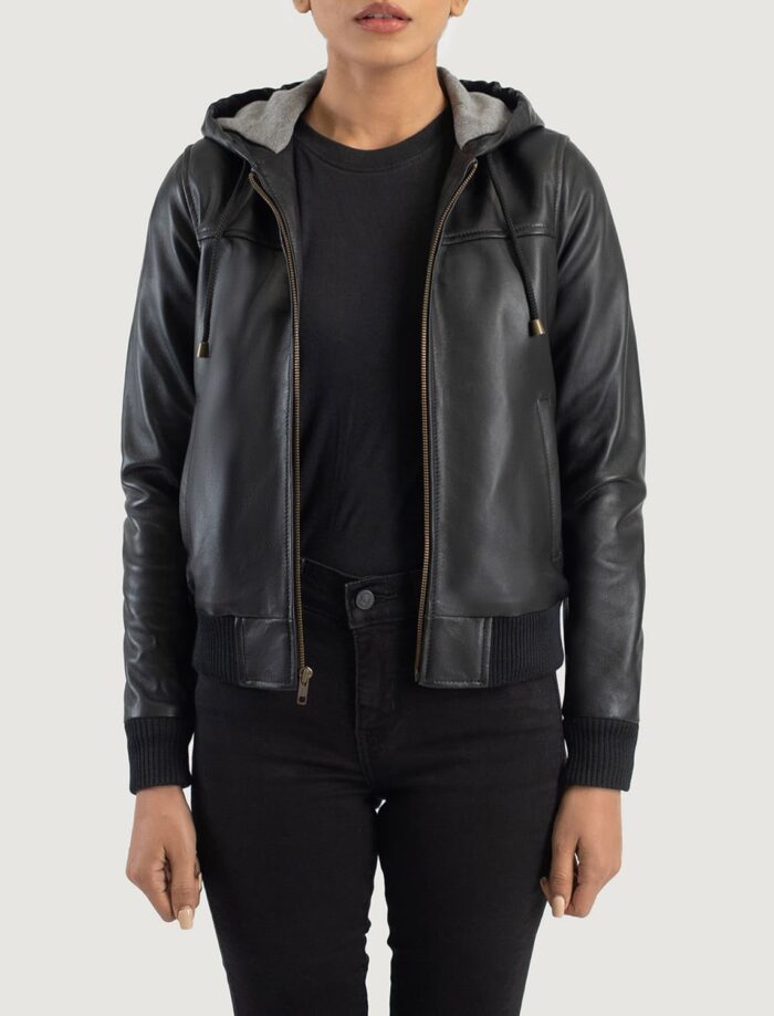 Rebella Black Hooded Leather Bomber Jacket