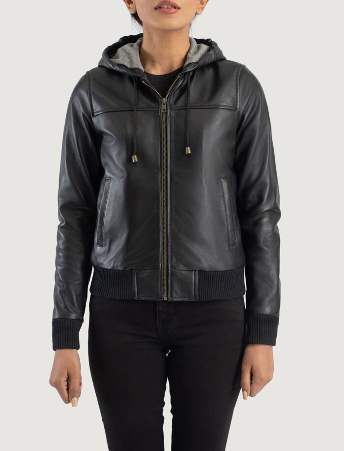 Rebella Black Hooded Leather Bomber Jacket