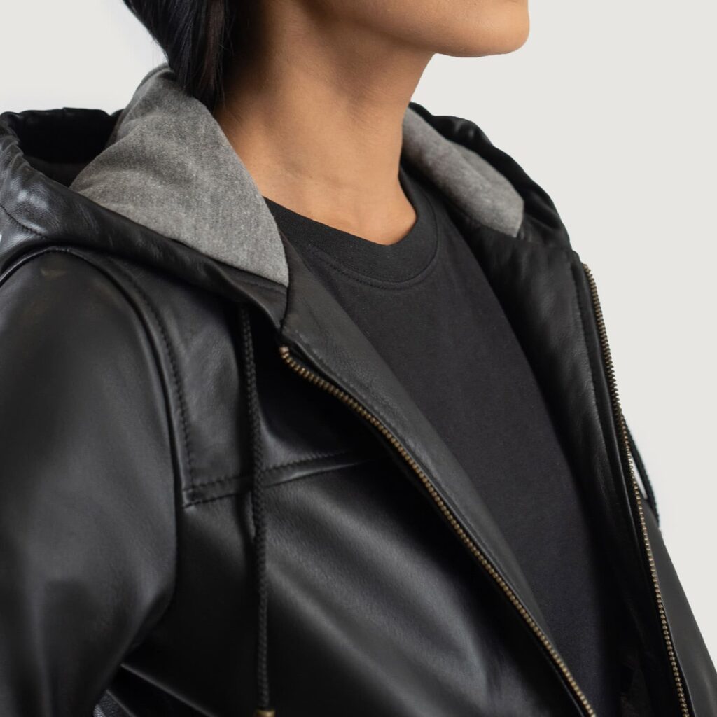 Rebella Black Hooded Leather Bomber Jacket