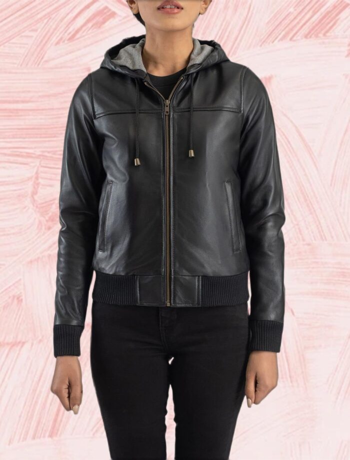 Rebella Black Hooded Leather Bomber Jacket