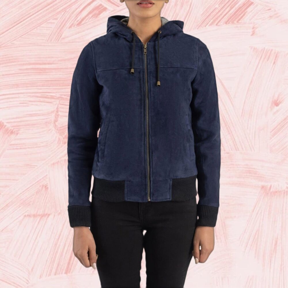 Rebella Blue Hooded Suede Bomber Jacket