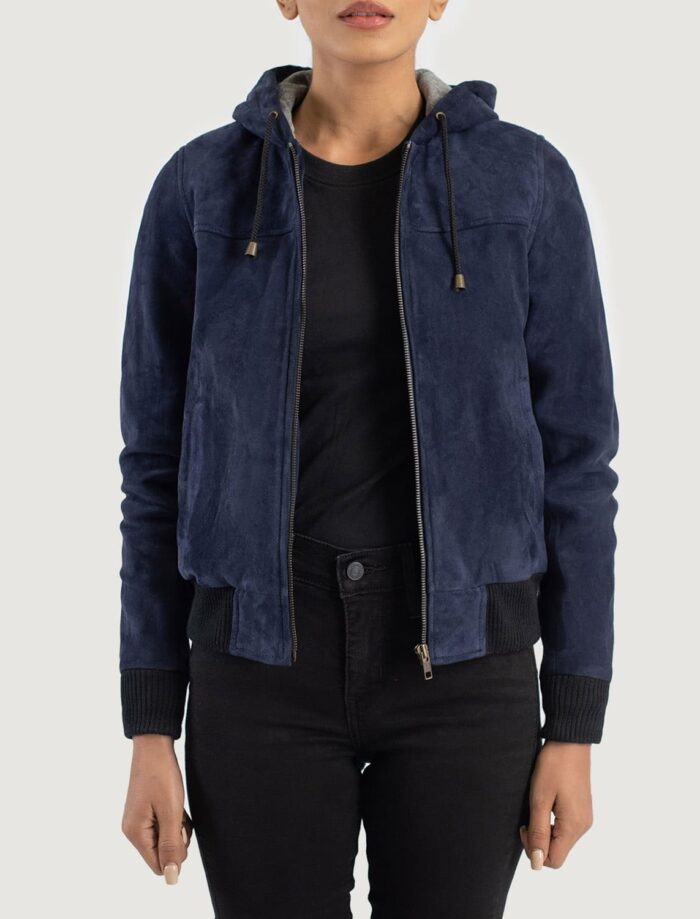 Rebella Blue Hooded Suede Bomber Jacket